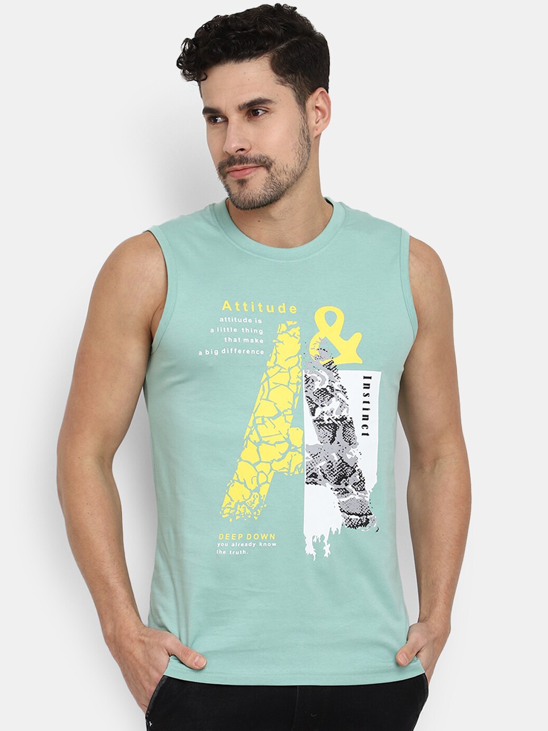 

V-Mart Printed Cotton Round Neck Innerwear Undershirt Vest, Green