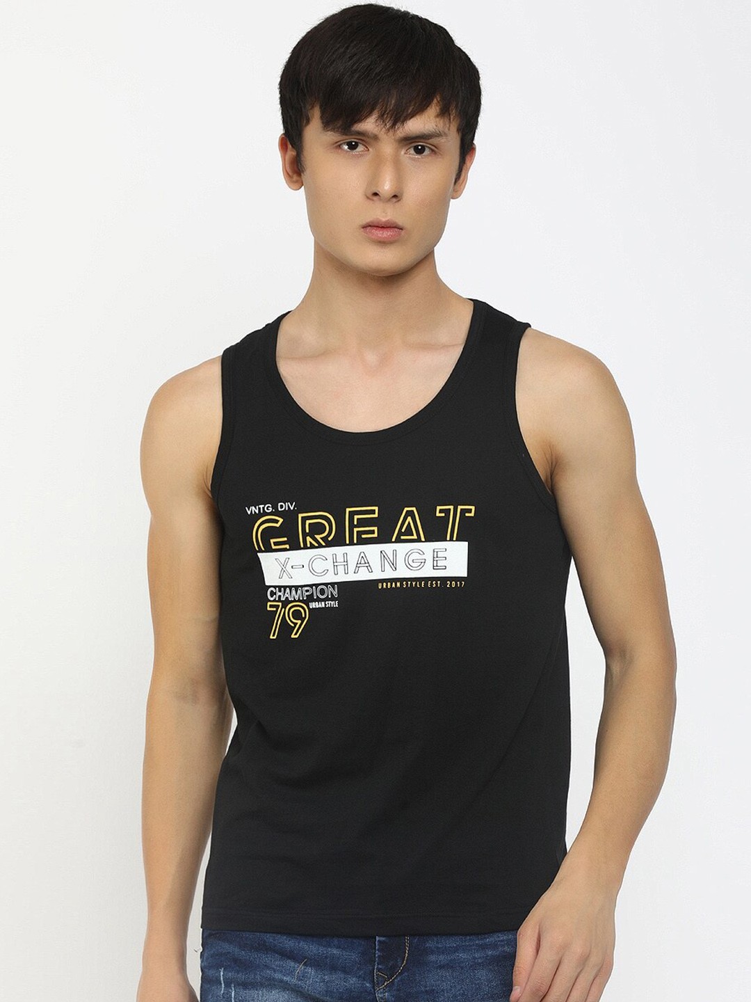 

V-Mart Printed Cotton Round Neck Innerwear Basic Vest, Black