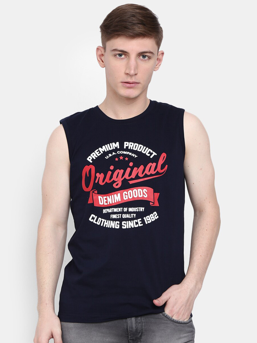 

V-Mart Men Printed Cotton Innerwear Vest, Navy blue