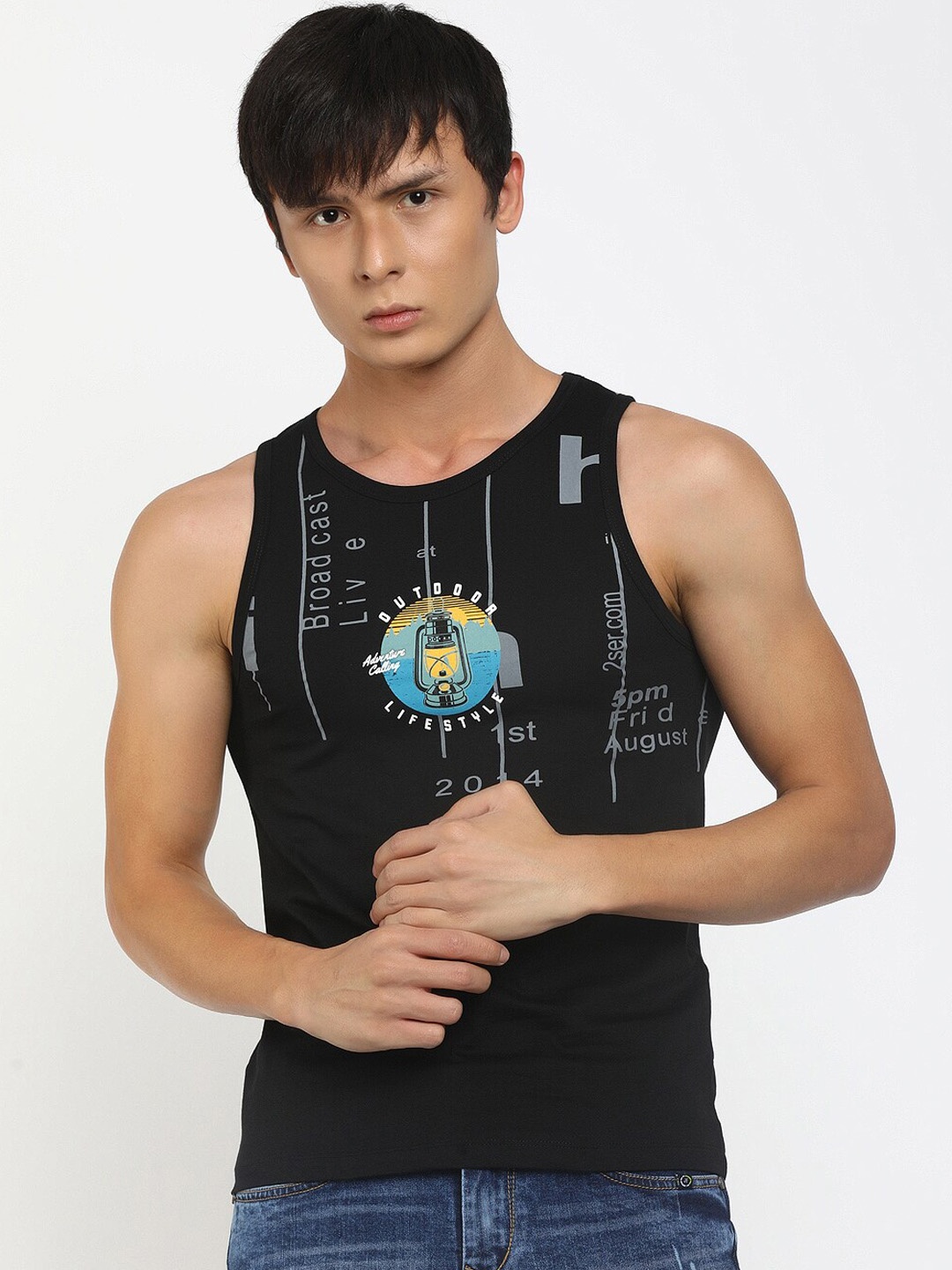 

V-Mart Printed Cotton Round Neck Sleeveless Innerwear Basic Vest, Black