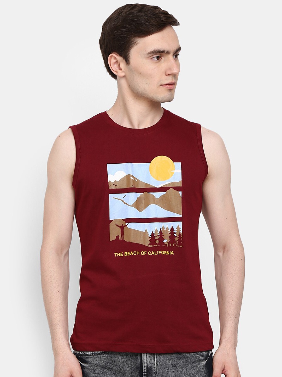 

V-Mart Printed Cotton Round Neck Innerwear Basic Vest, Maroon