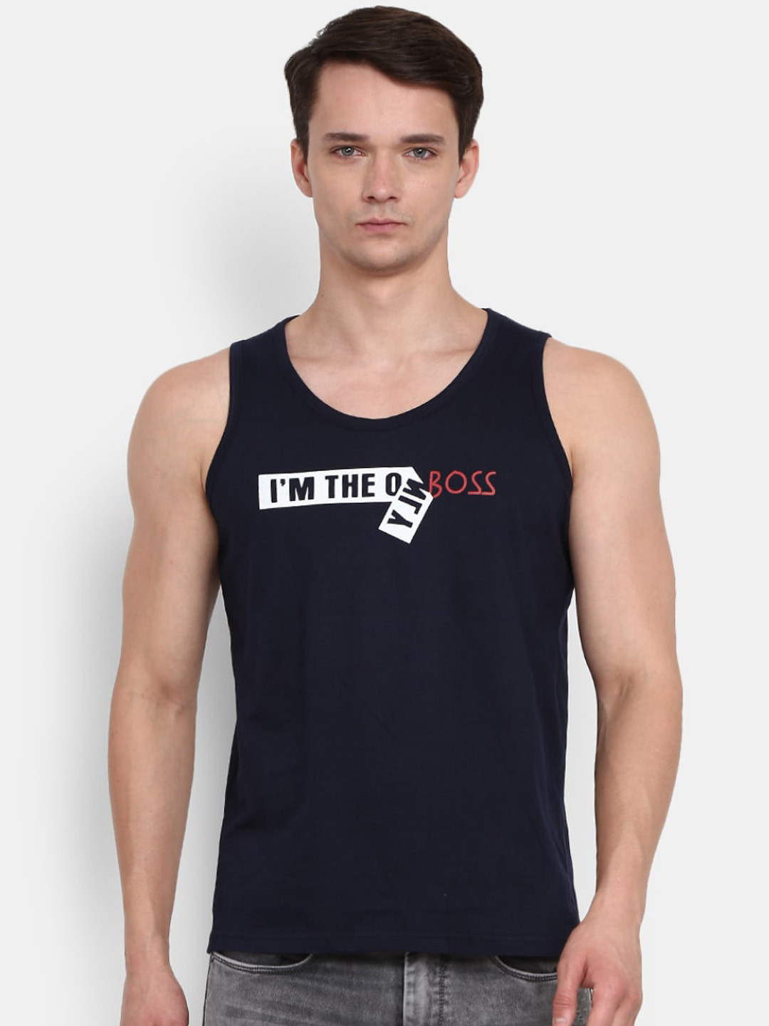 

V-Mart Printed Cotton Round Neck Sleeveless Innerwear Basic Vest, Navy blue