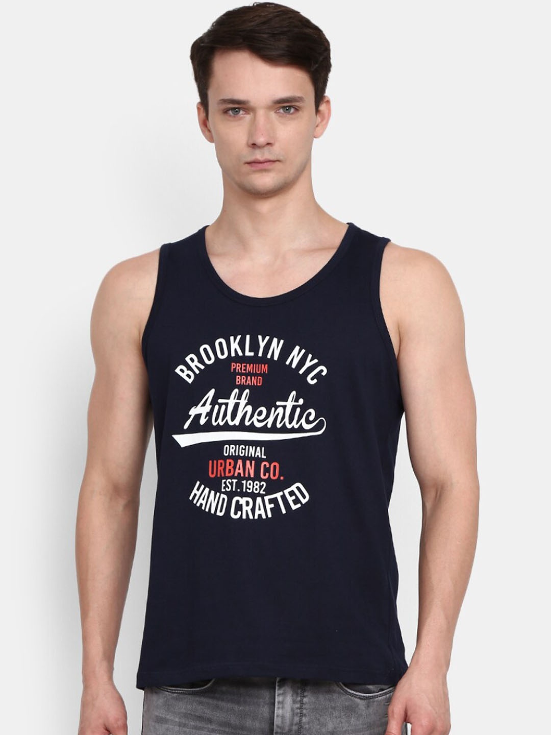 

V-Mart Printed Cotton Single Jersey Round Neck Vest, Navy blue