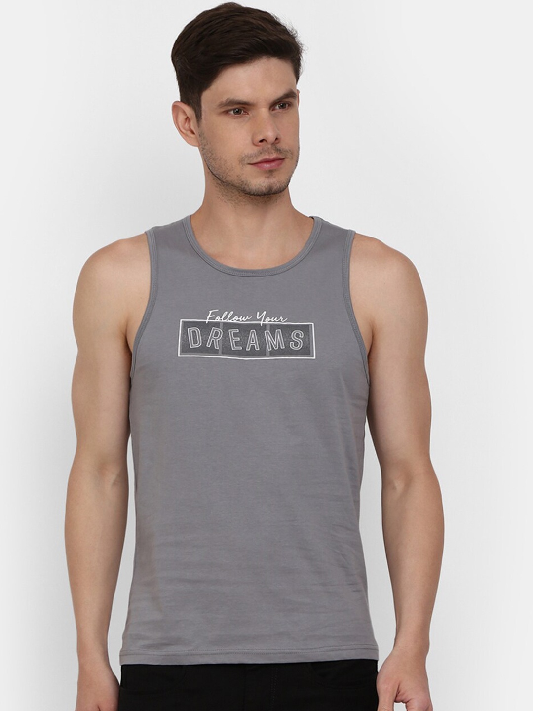 

V-Mart Printed Cotton Round Neck Sleeveless Innerwear Basic Vest, Grey