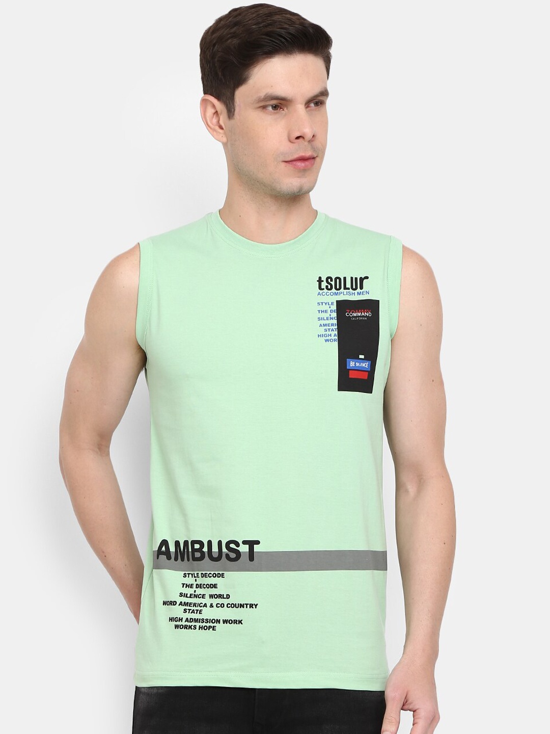 

V-Mart Printed Cotton Round Neck Sleeveless Innerwear Basic Vest, Green