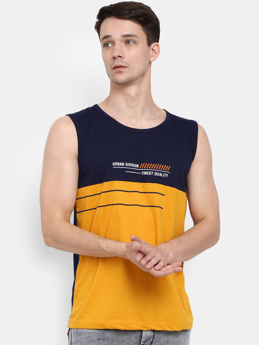

V-Mart Colourblocked Cotton Basic Vest, Mustard