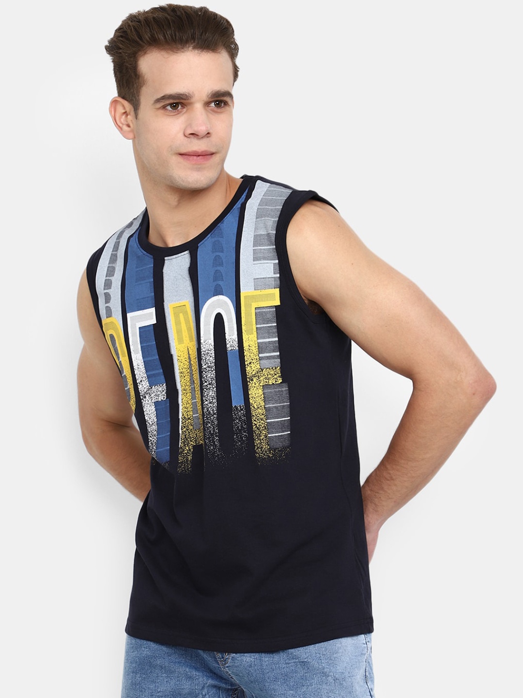 

V-Mart Printed Cotton Round Neck Innerwear Basic Vest, Navy blue