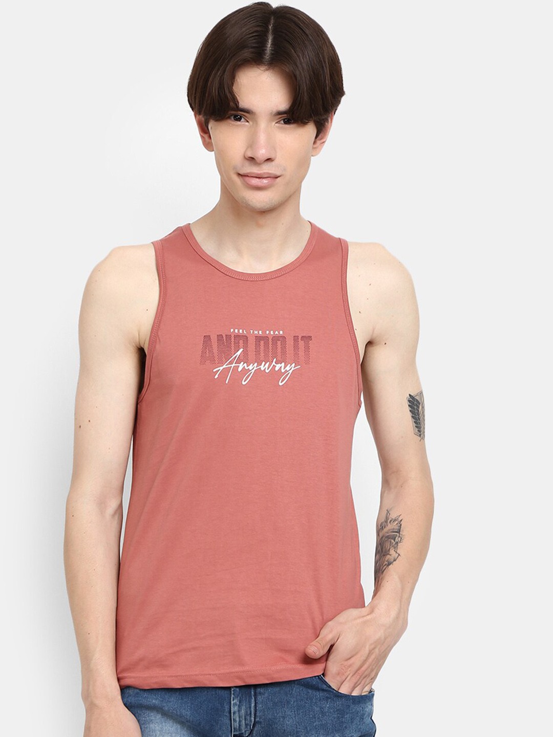 

V-Mart Printed Cotton Single Jersey Round Neck Basic Vest, Pink