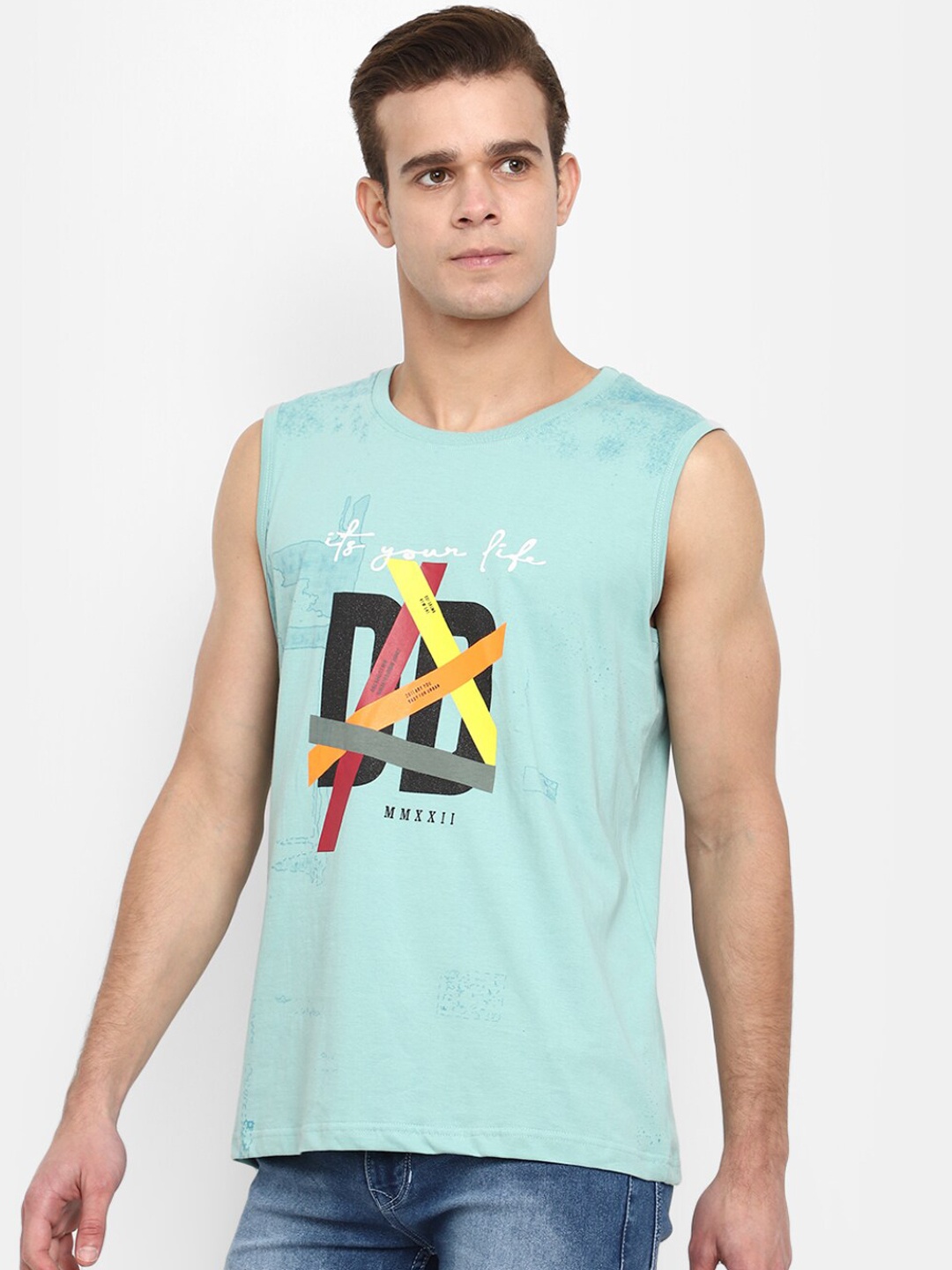

V-Mart Printed Cotton Round Neck Innerwear Basic Vest, Turquoise blue