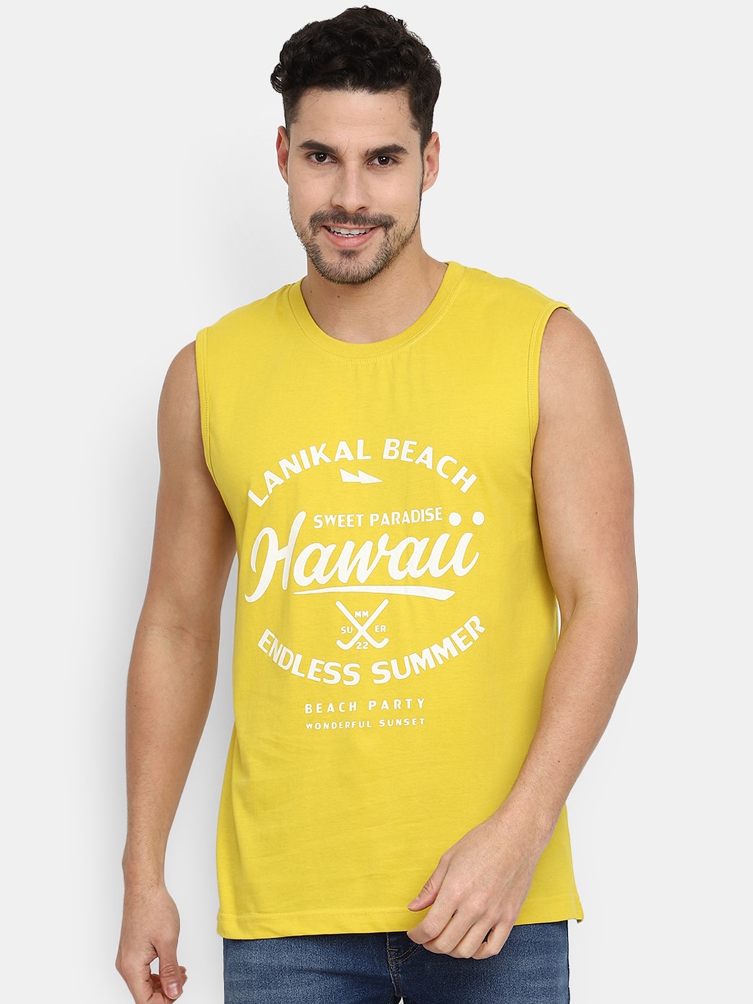 

V-Mart Printed Cotton Sleeveless Basic Vest, Yellow