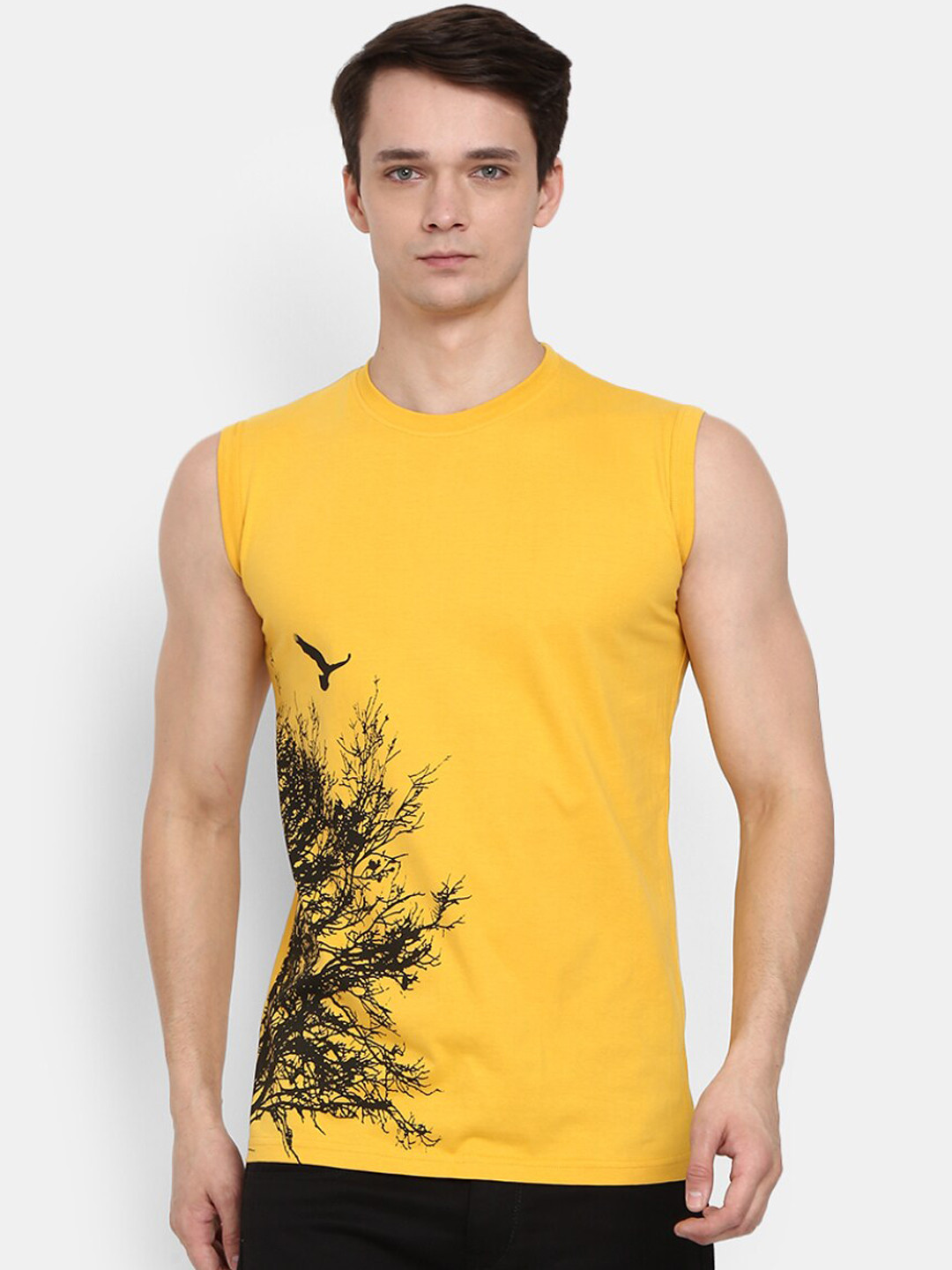 

V-Mart Printed Cotton Round Neck Sleeveless Innerwear Basic Vest, Mustard