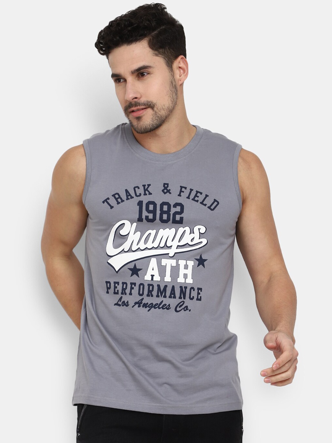 

V-Mart Printed Cotton Round Neck Innerwear Basic Vest, Grey