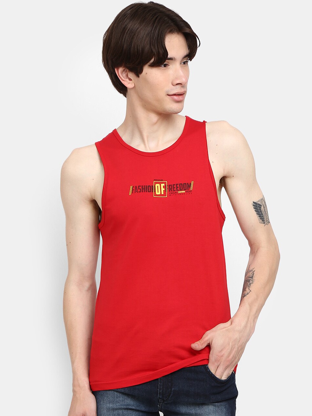 

V-Mart Printed Cotton Round Neck Sleeveless Innerwear Basic Vest, Red