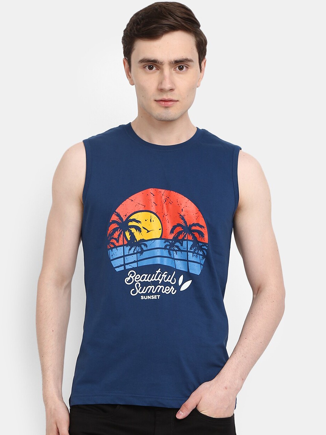 

V-Mart Printed Cotton Single Jersey Round Neck Basic Vest, Blue
