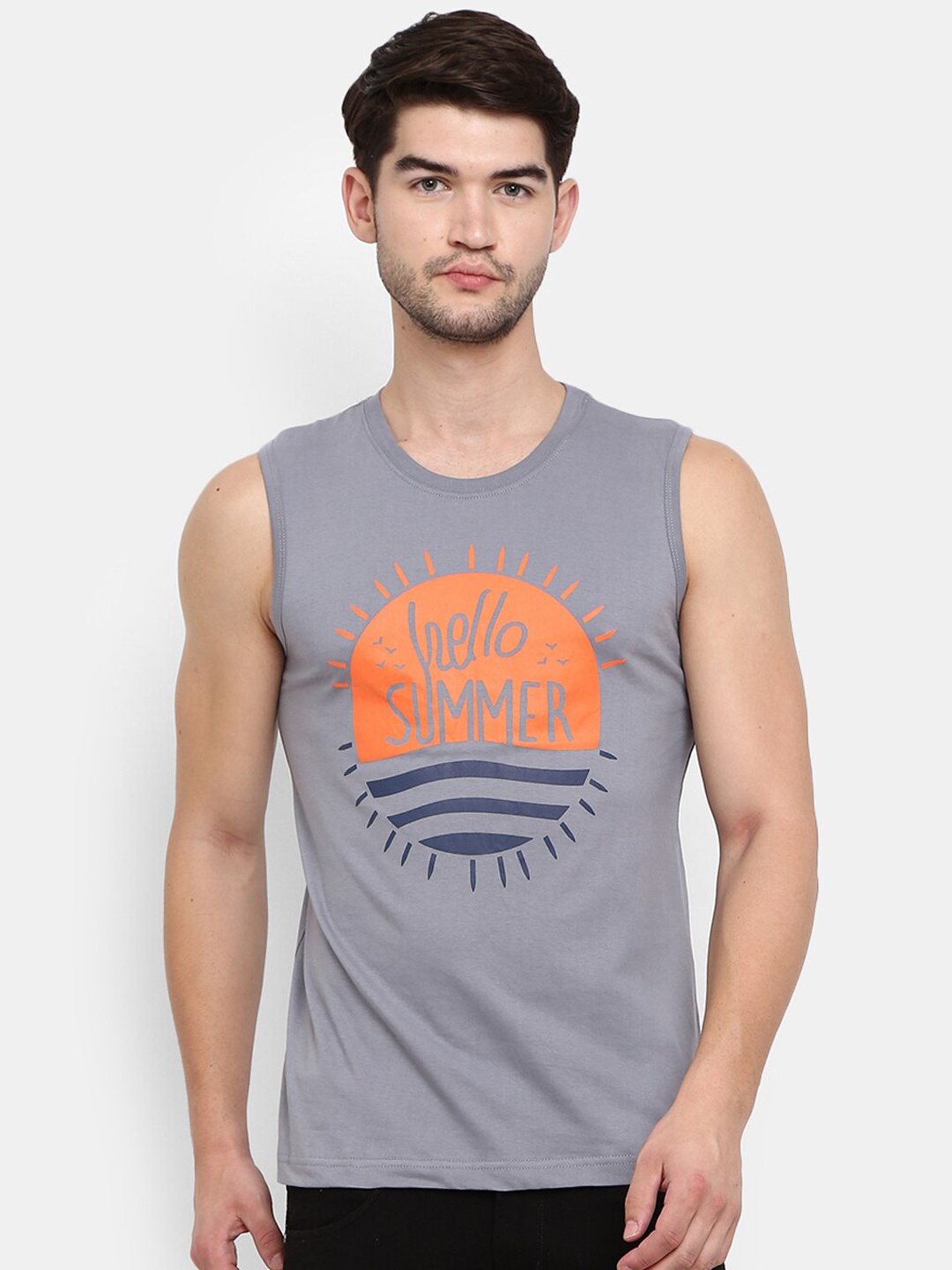 

V-Mart Printed Cotton Round Neck Innerwear Basic Vest, Grey