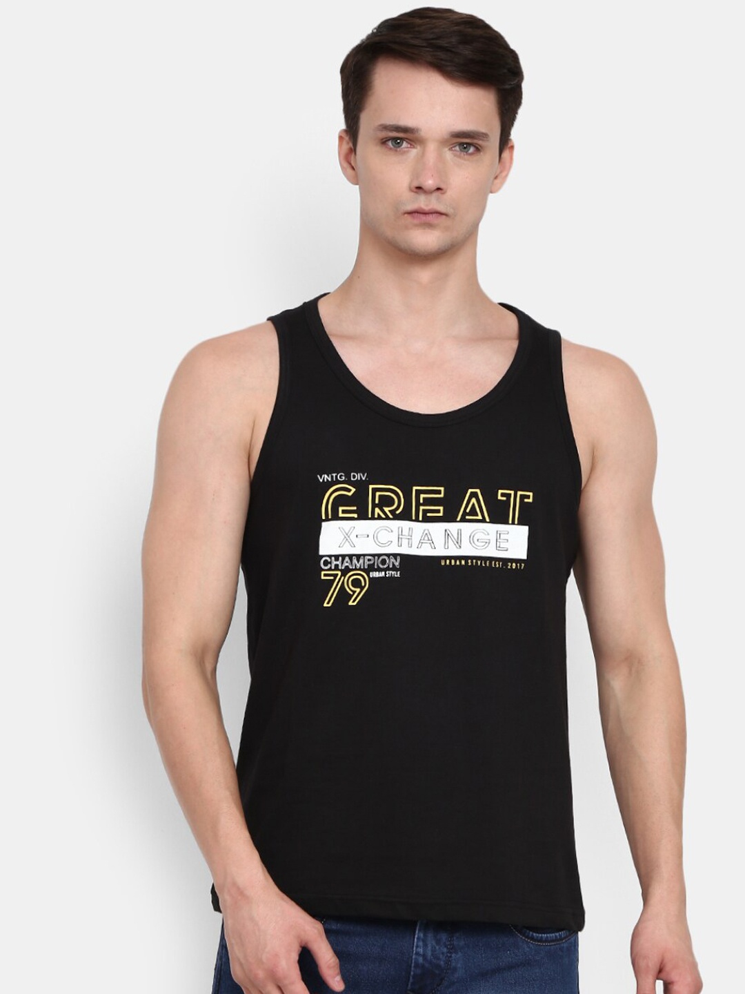 

V-Mart Printed Cotton Single Jersey Round Neck Basic Vest, Black