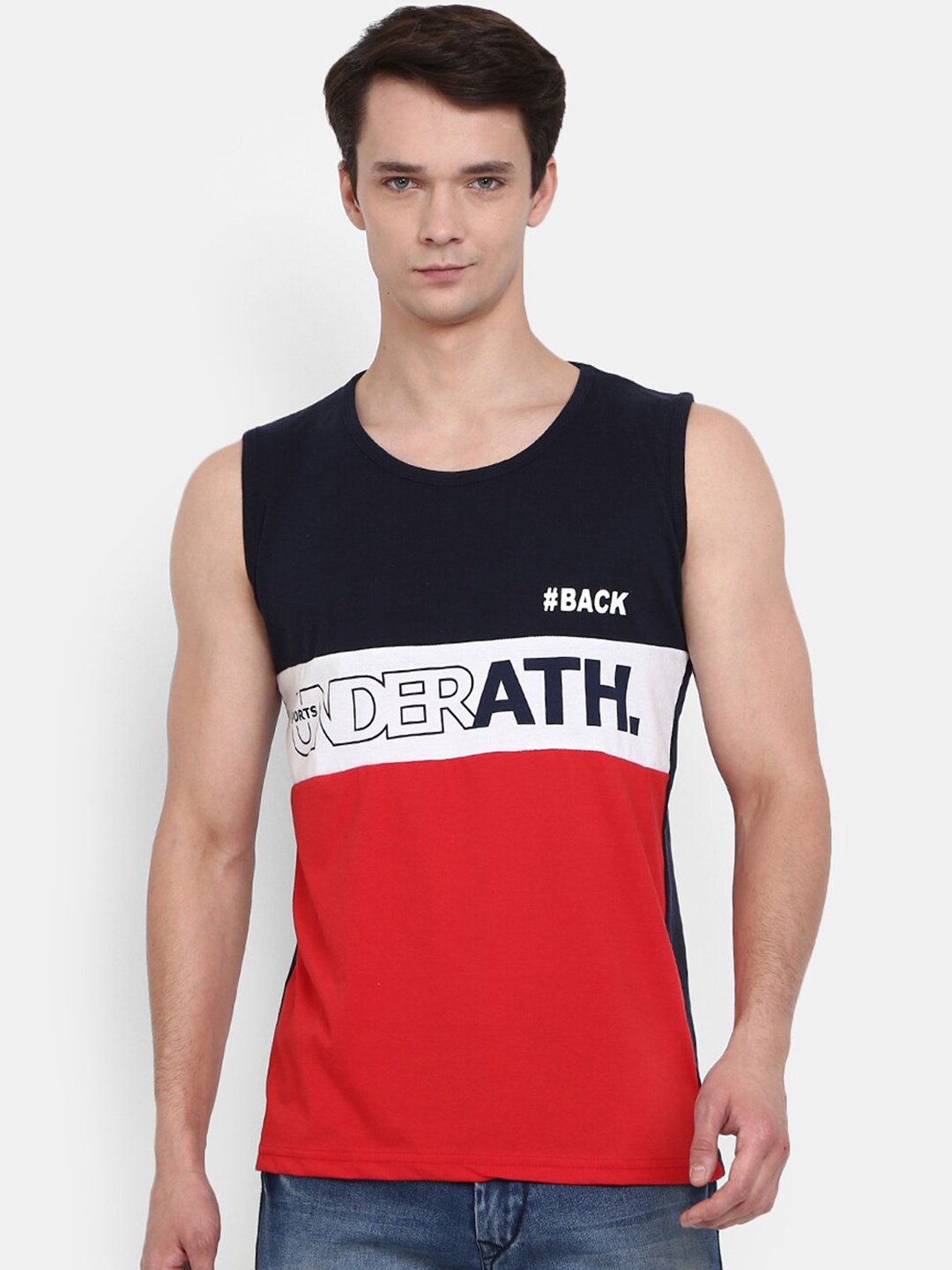 

V-Mart Colourblocked Cotton Basic Vest, Navy blue