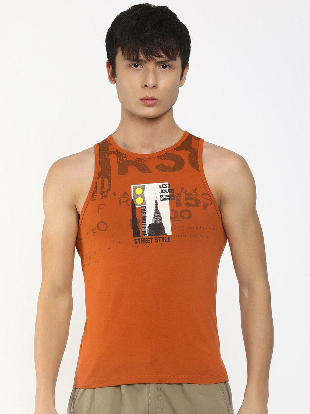 

V-Mart Printed Round Neck Cotton Basic Vests, Rust