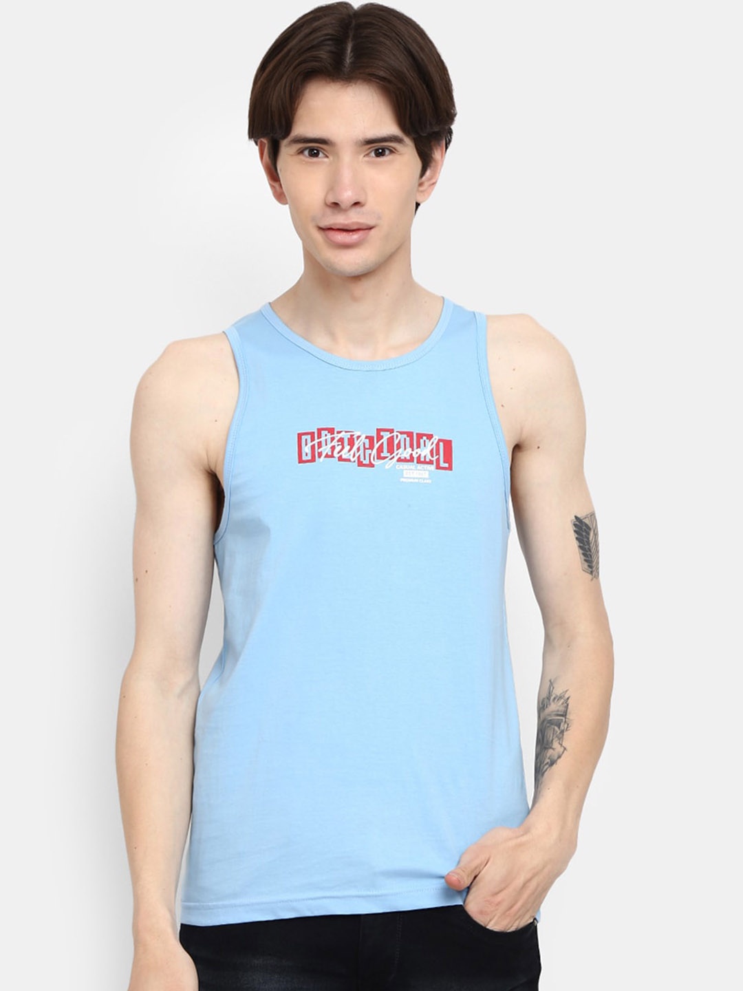 

V-Mart Printed Cotton Round Neck Basic Vest, Blue
