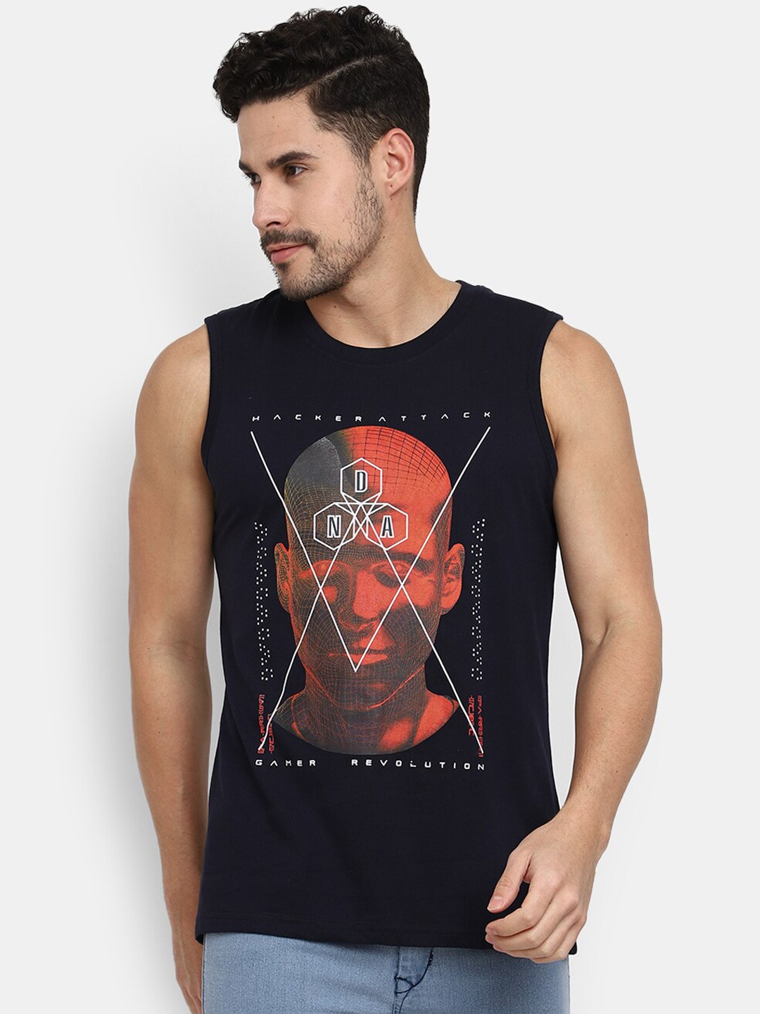 

V-Mart Printed Cotton Round Neck Basic Vest, Navy blue