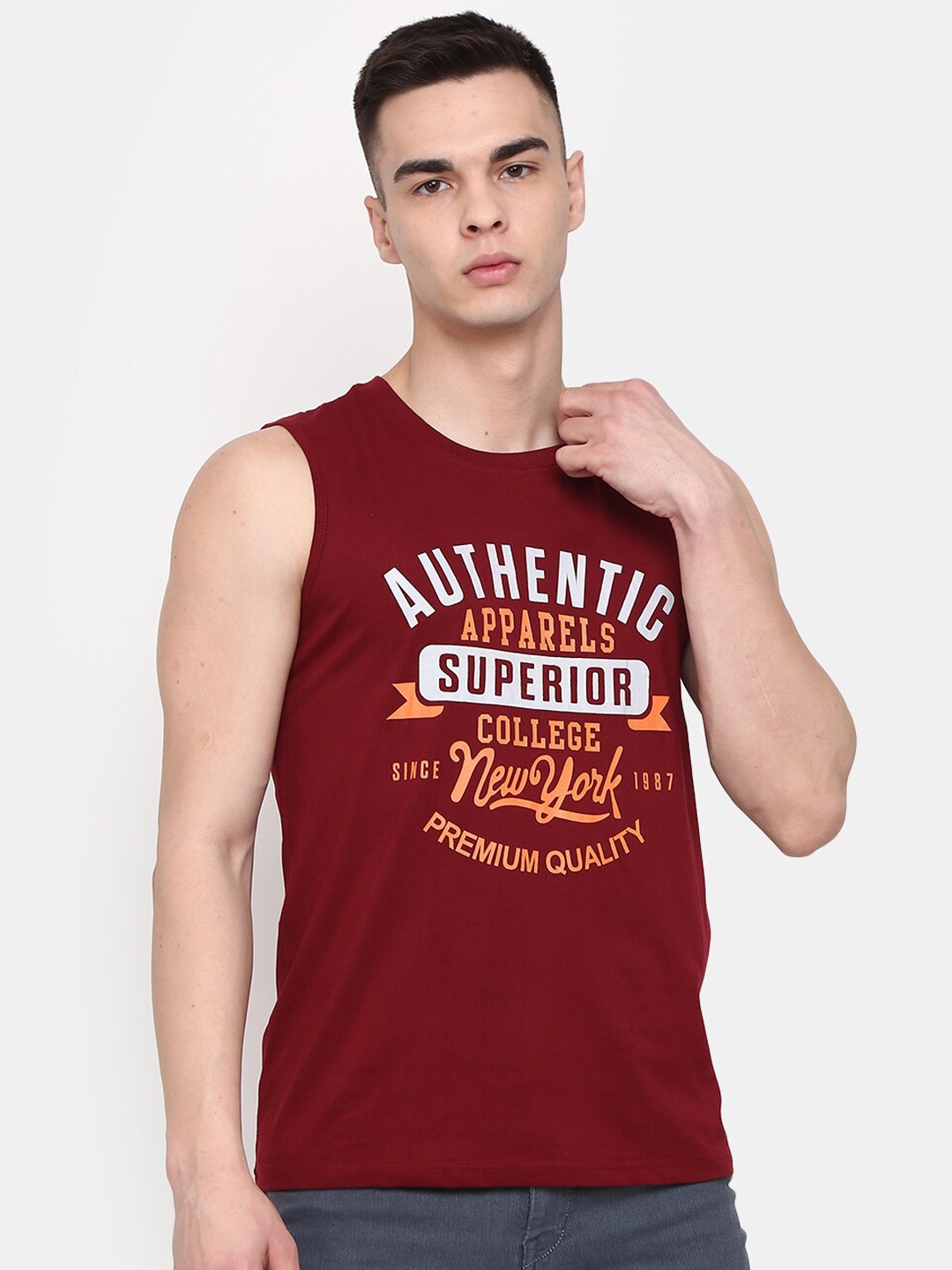 

V-Mart Printed Cotton Round Neck Sleeveless Innerwear Basic Vest, Maroon
