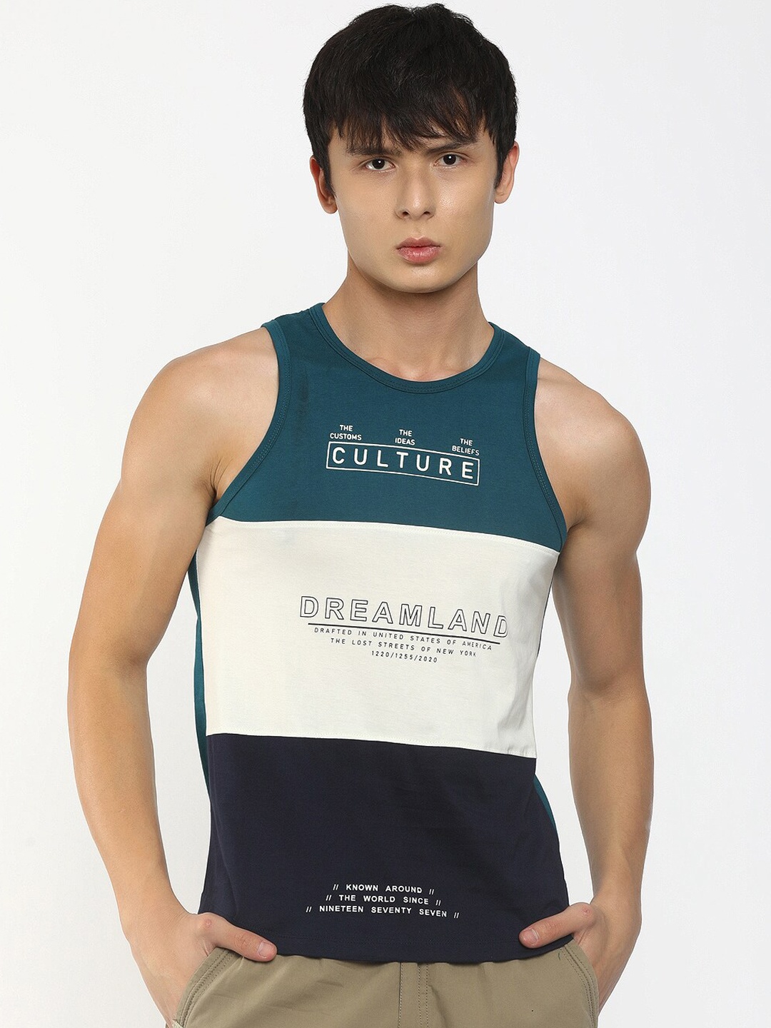 

V-Mart Colourblocked Cotton Basic Vest, Teal