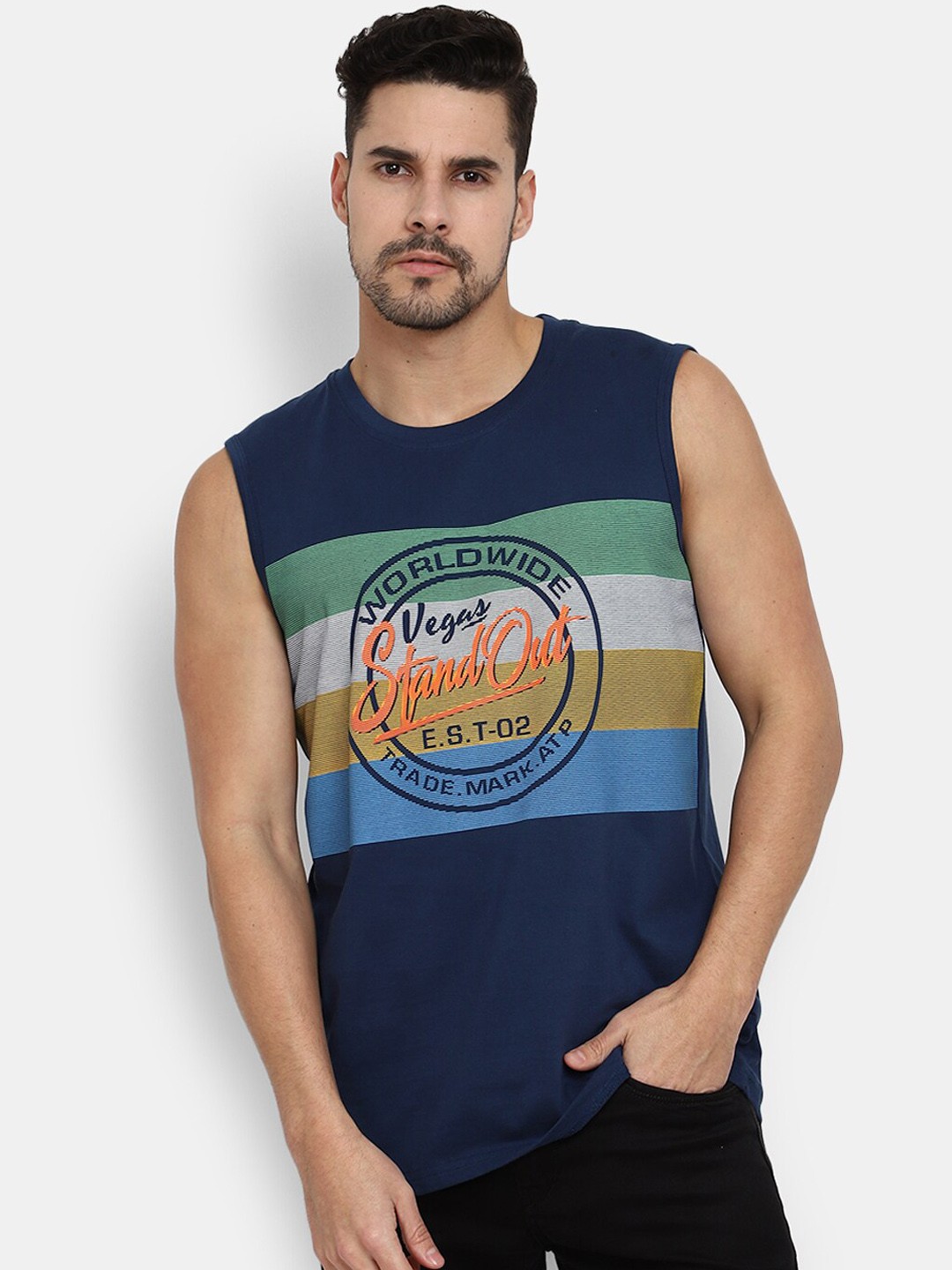 

V-Mart Printed Cotton Round Neck Basic Vest, Blue