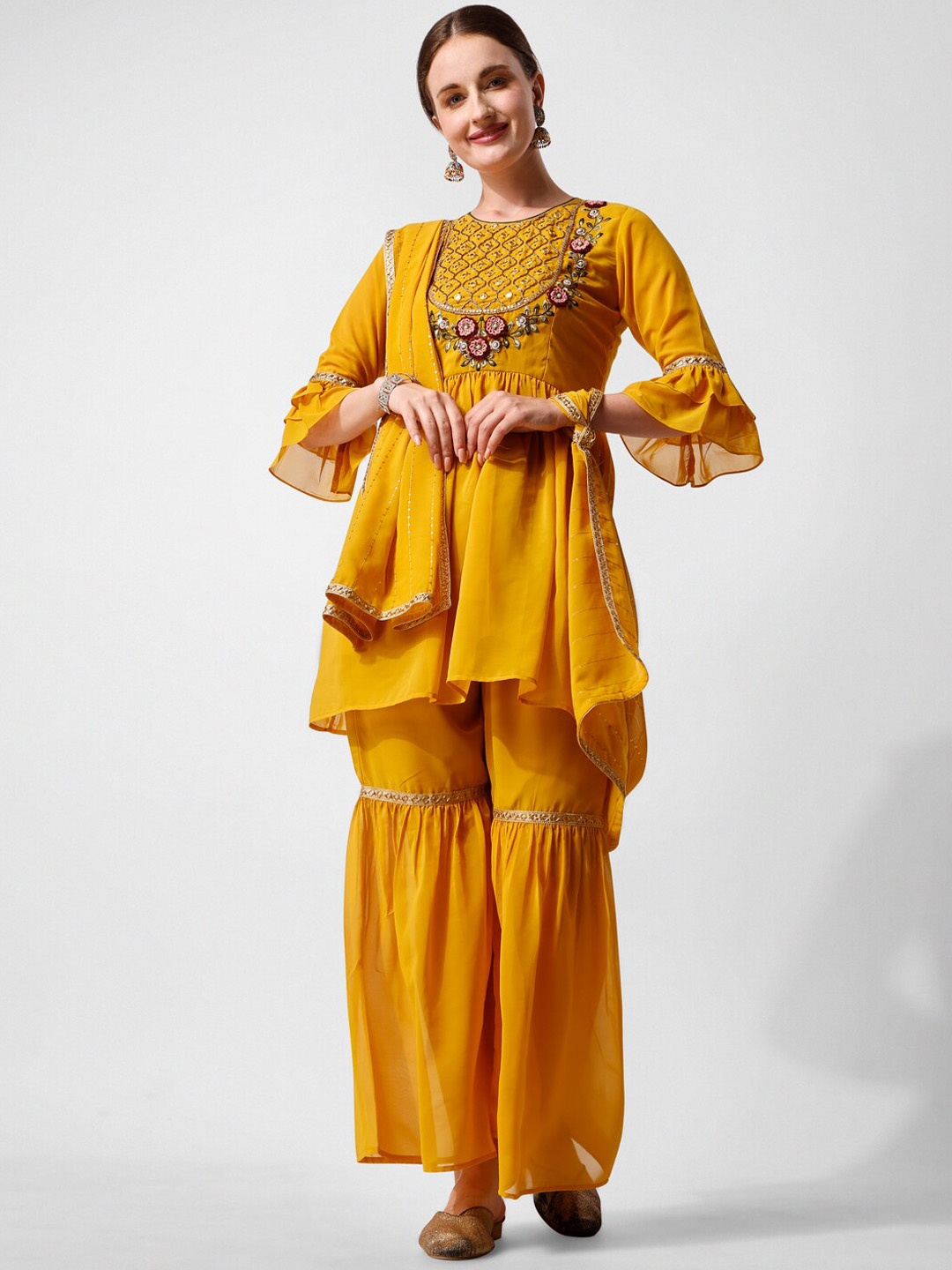 

Berrylicious Floral Embroidered Mirror Work Kurta with Sharara & Dupatta, Mustard