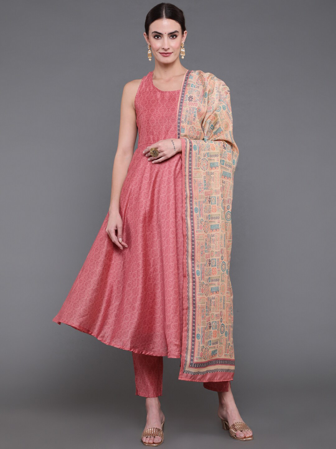 

antaran Ethnic Motifs Printed Chanderi Cotton Kurta with Trousers & Dupatta, Peach