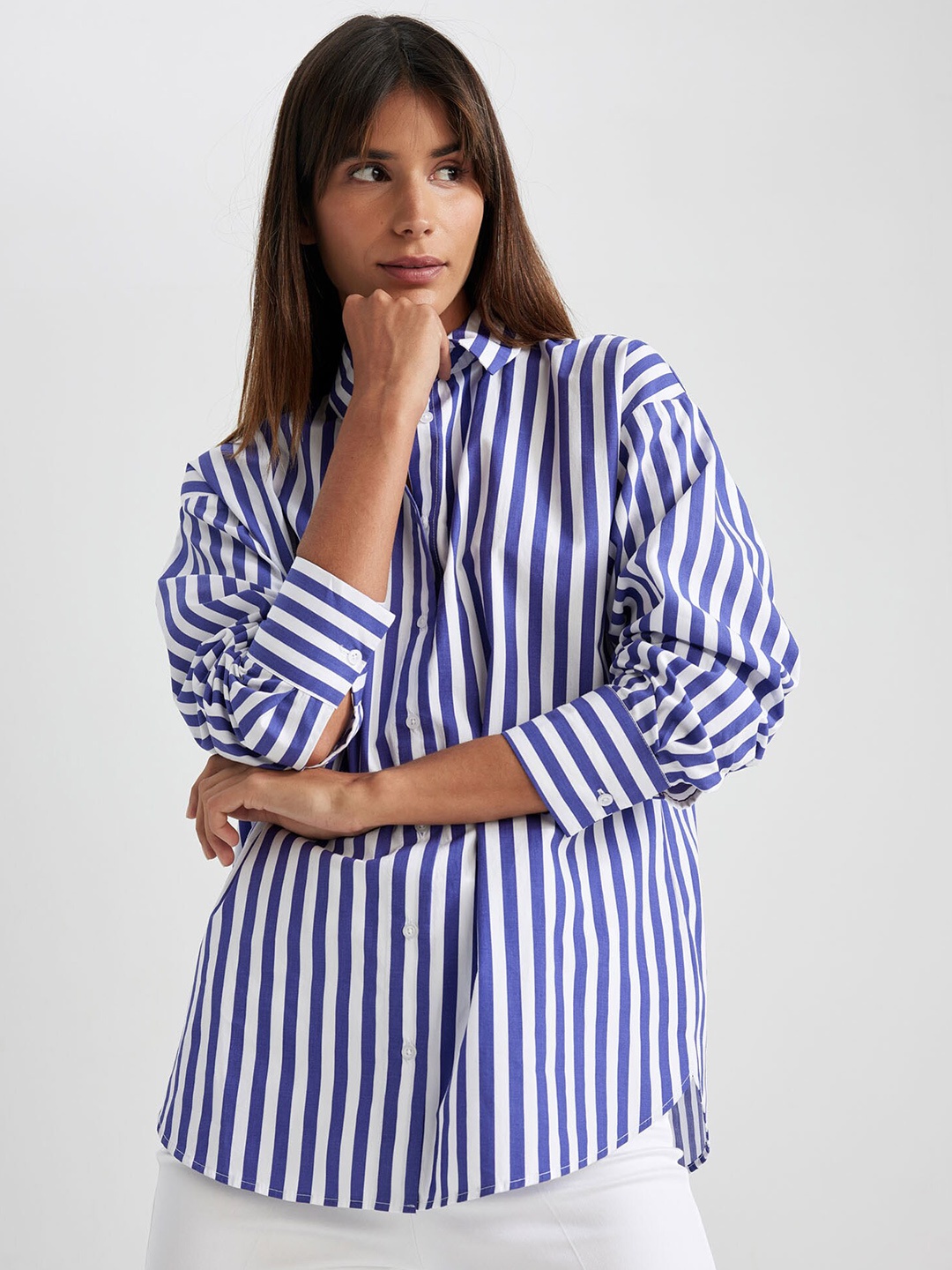 

DeFacto Women Striped Spread Collar Casual Shirt, Blue
