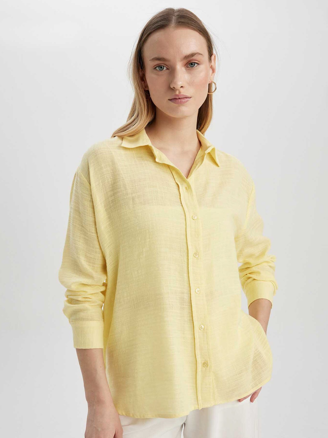 

DeFacto Spread Collar Semi Sheer Casual Shirt, Yellow