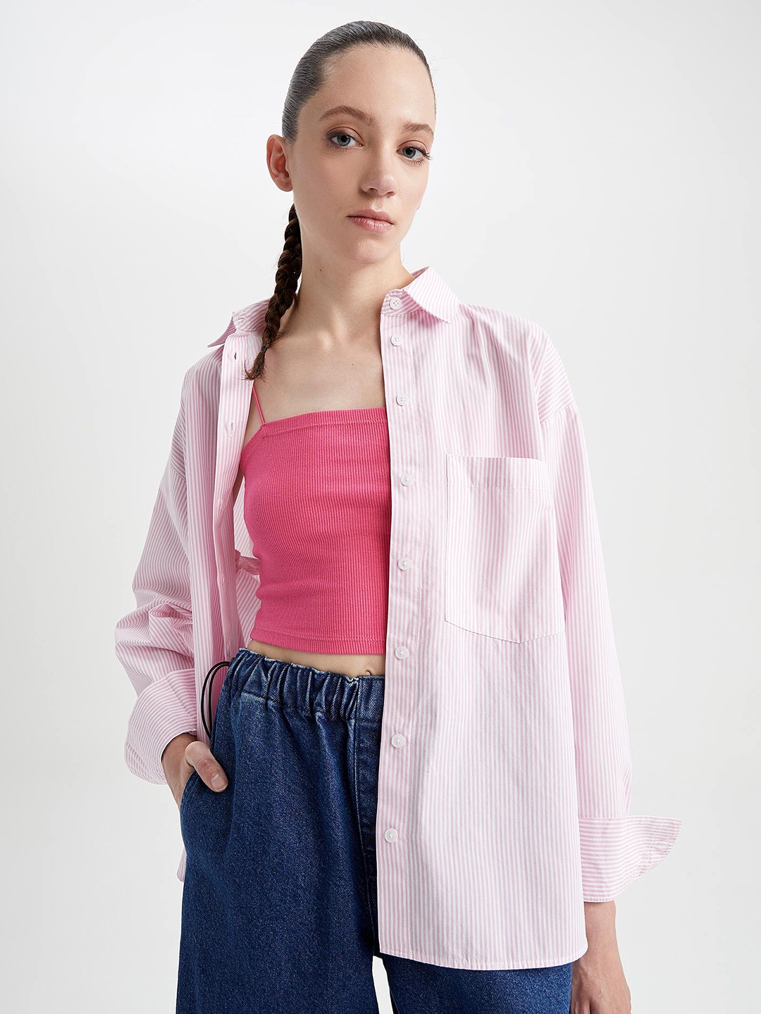 

DeFacto Horizontal Striped Opaque Pure Cotton Casual Shirt, Pink