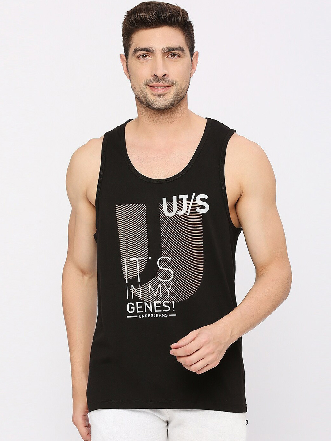 

UnderJeans by Spykar Printed Cotton Innerwear Gym Vest, Black