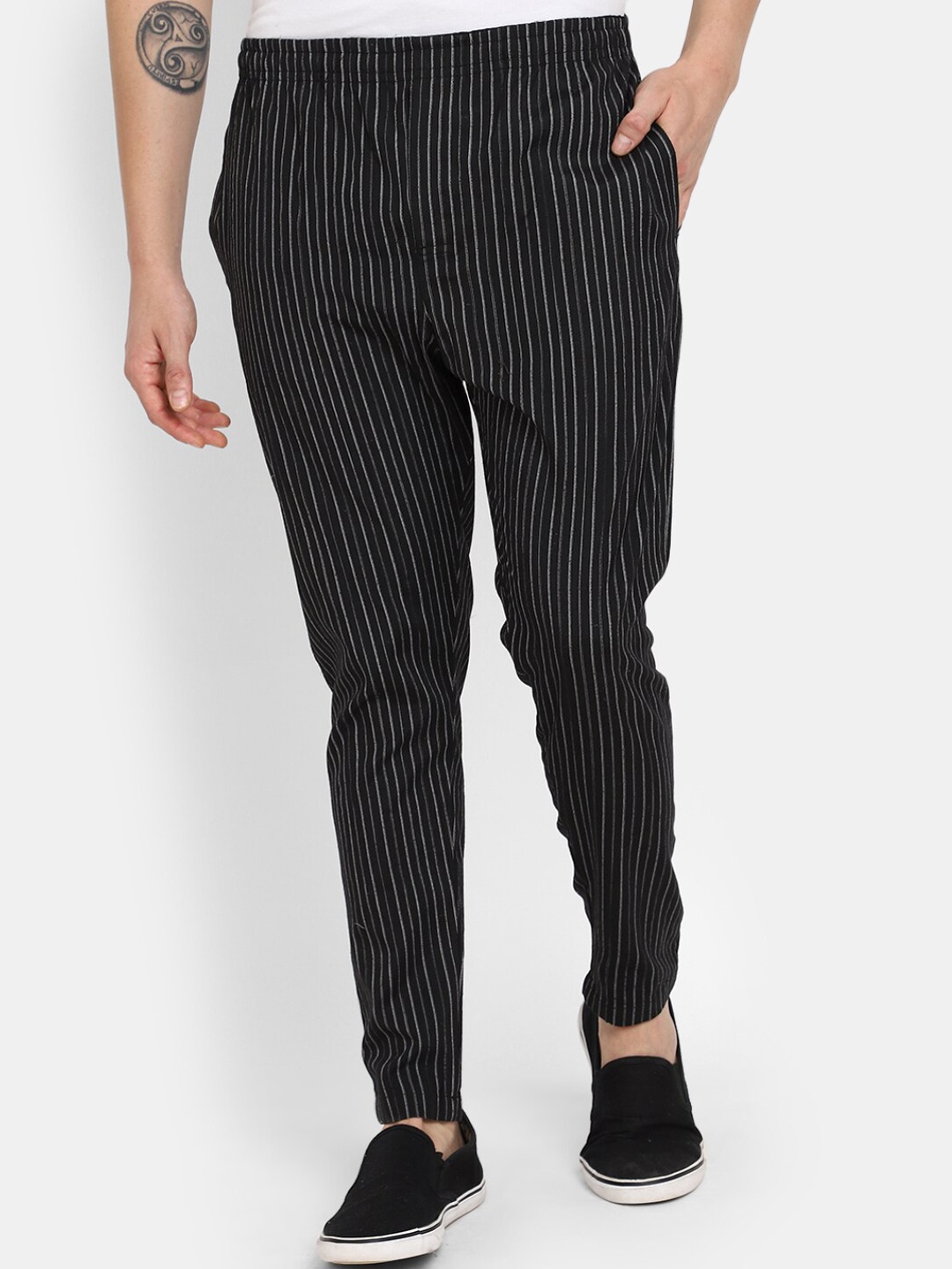 

V-Mart Men Regular Fit Striped Cotton Track Pants, Black
