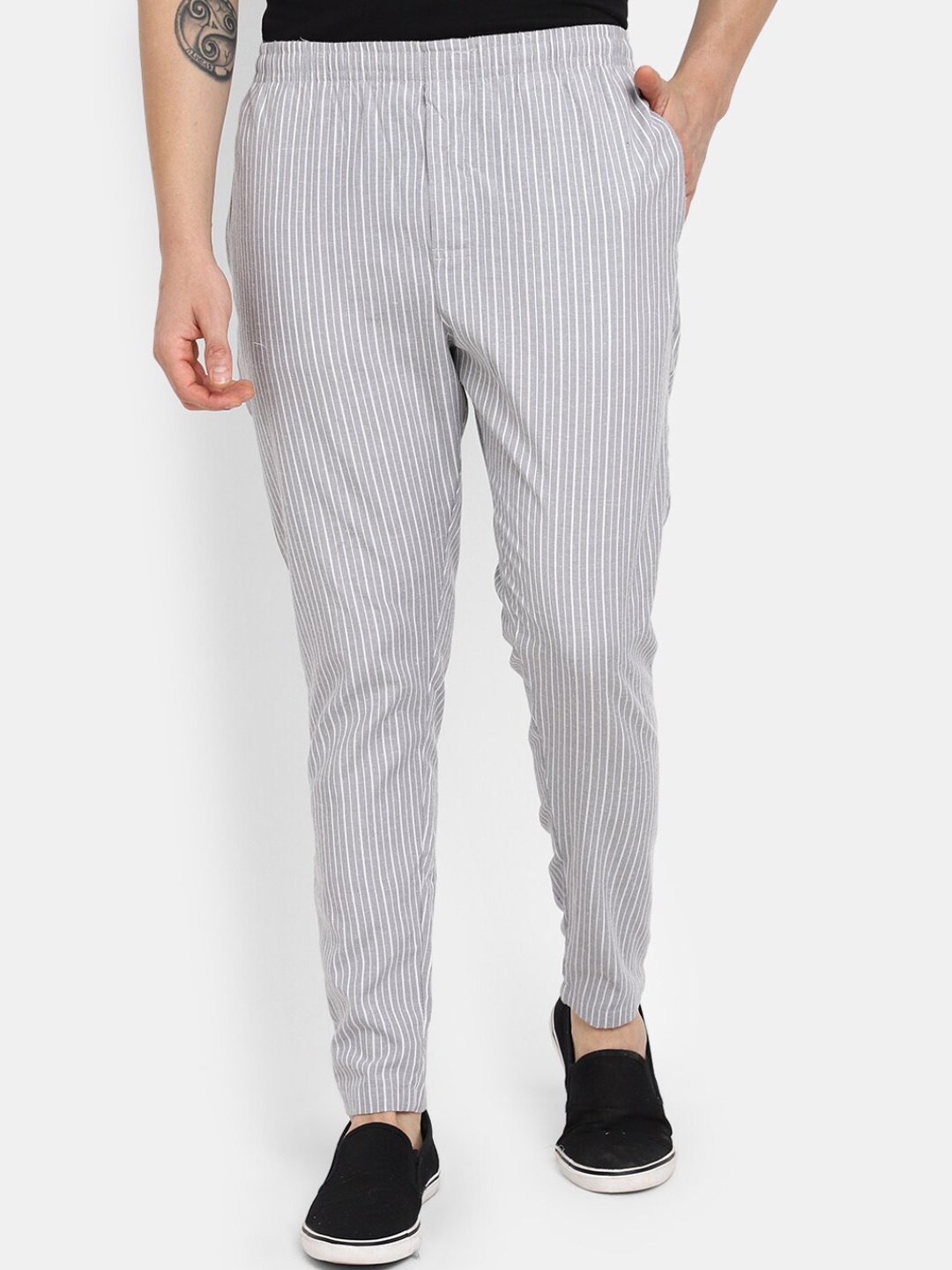 

V-Mart Men Regular Fit Striped Cotton Track Pant, Grey