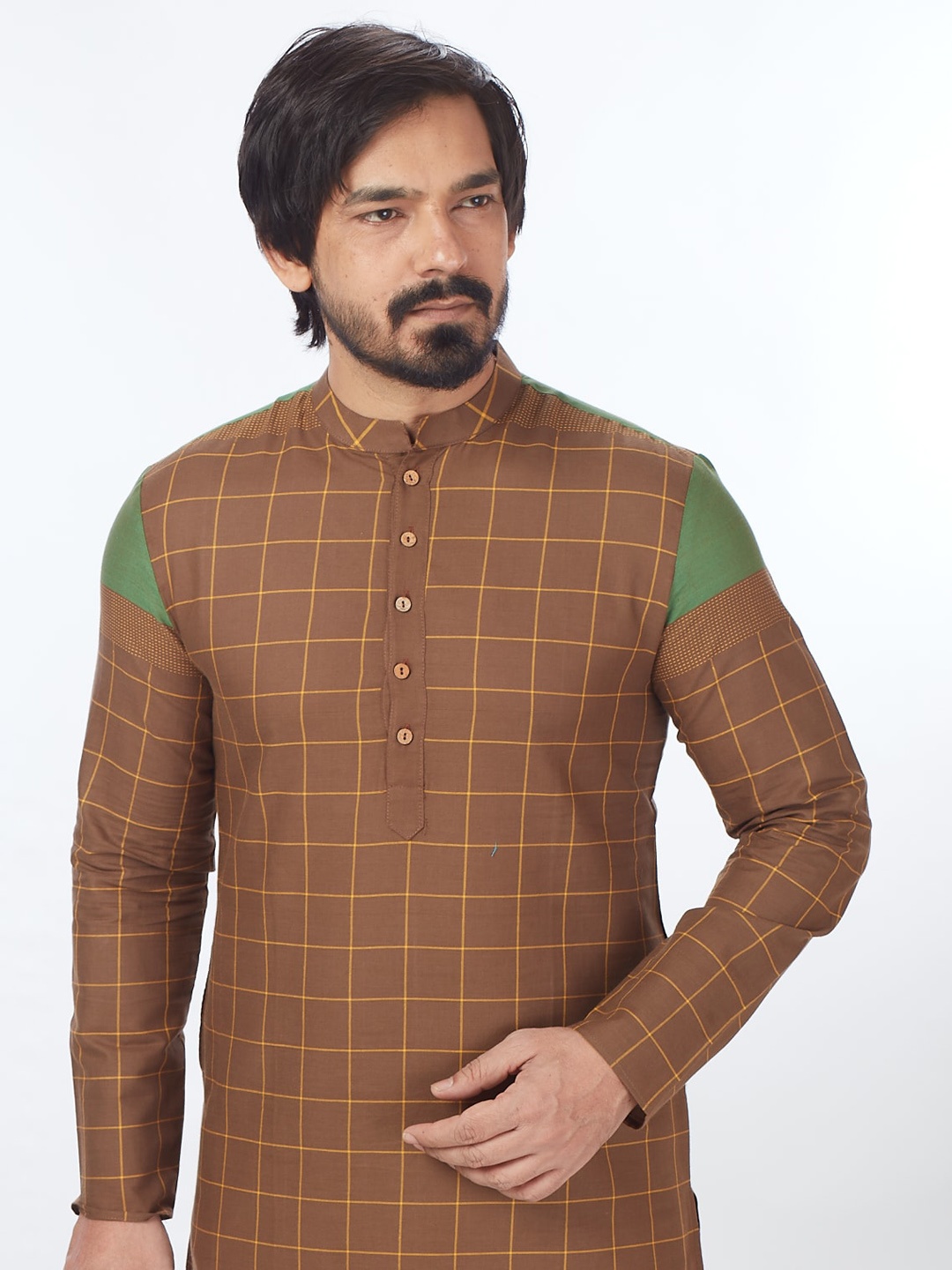 

Blacksmith Checked Mandarin Collar Jacquard Cotton Kurta, Brown