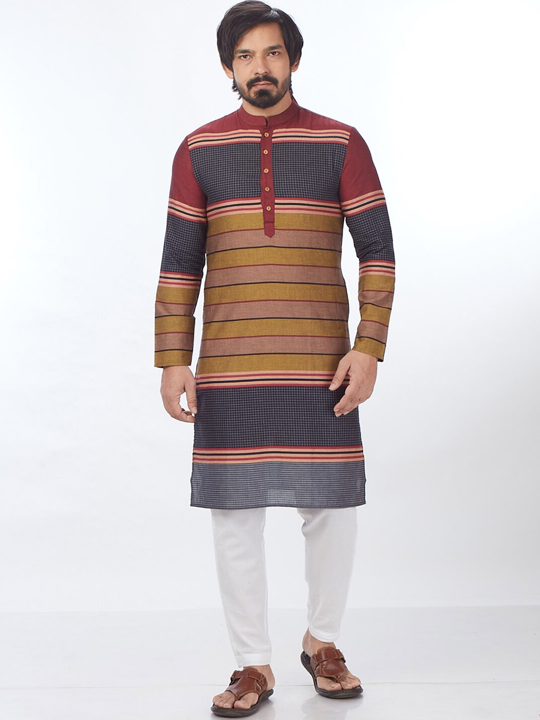 

Blacksmith Striped Mandarin Collar Jacquard Pure Cotton Kurta, Navy blue