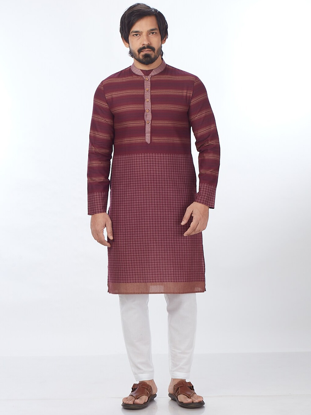 

Blacksmith Striped Mandarin Collar Jacquard Pure Cotton Kurta, Maroon