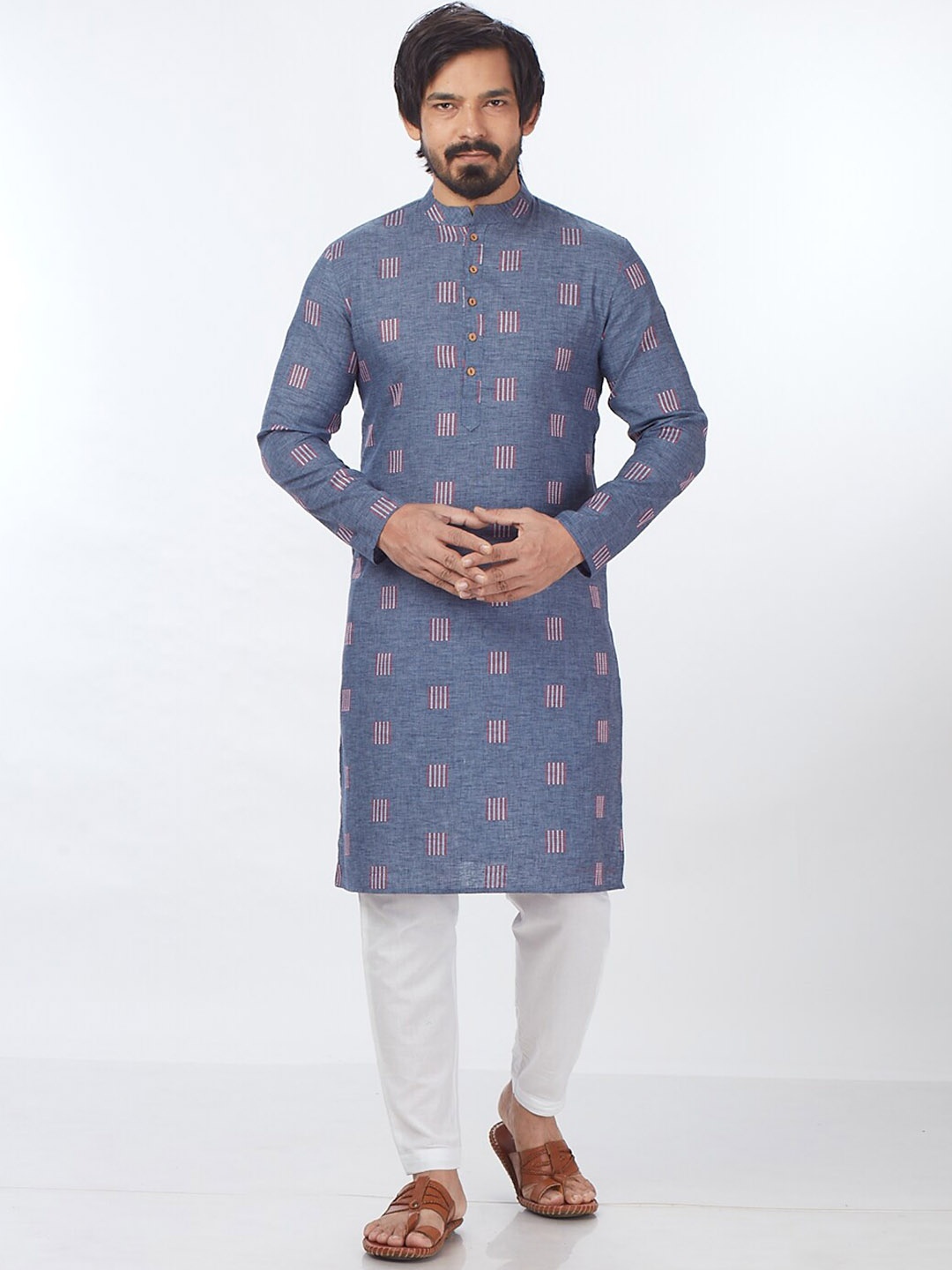 

Blacksmith Geometric Woven Design Jacquard Cotton Kurta, Blue