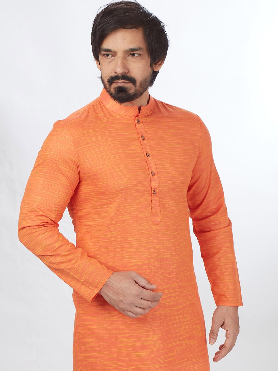 

Blacksmith Mandarin Collar Jacquard Pure Cotton Kurta, Orange