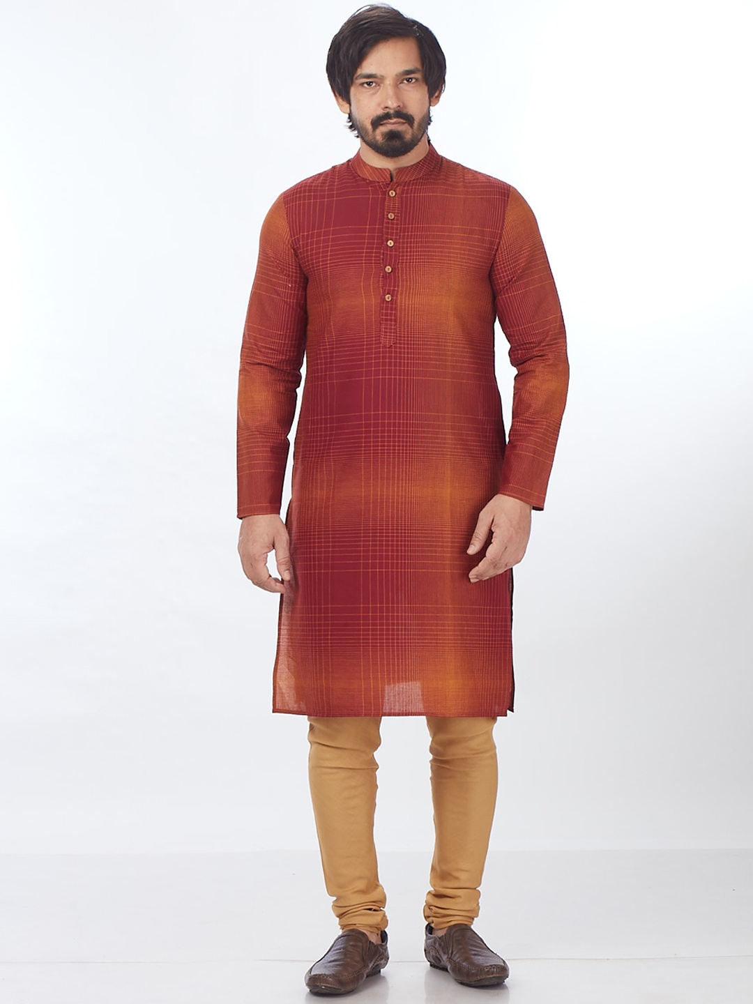 

Blacksmith Checked Mandarin Collar Jacquard Pure Cotton Kurta, Red
