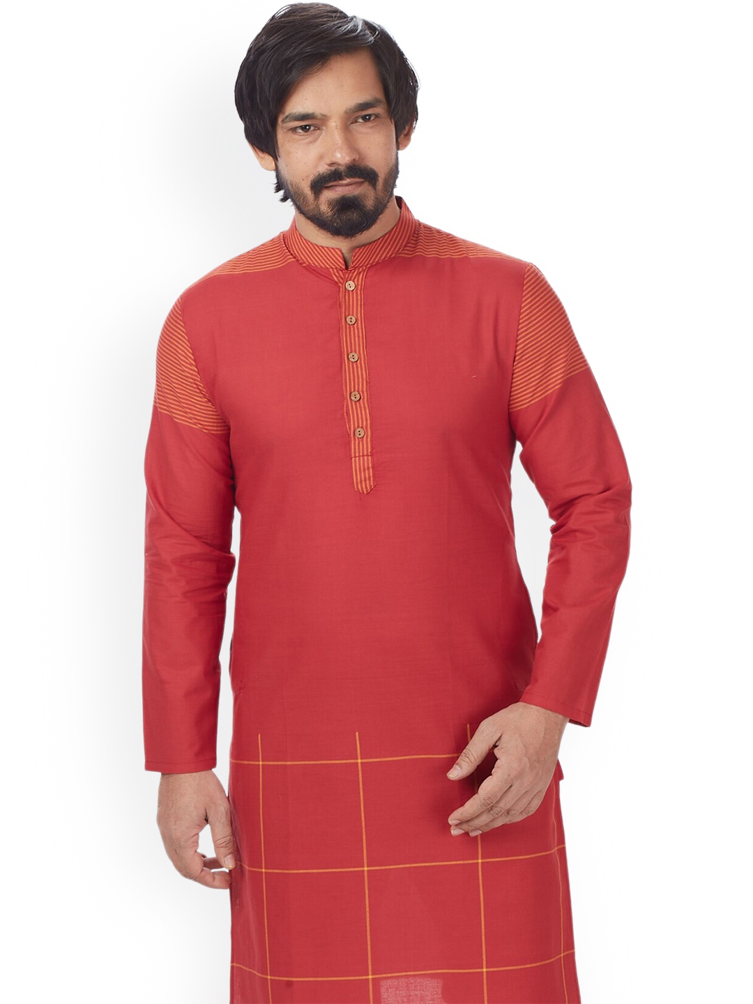 

Blacksmith Striped Mandarin Collar Pure Cotton Kurta, Maroon
