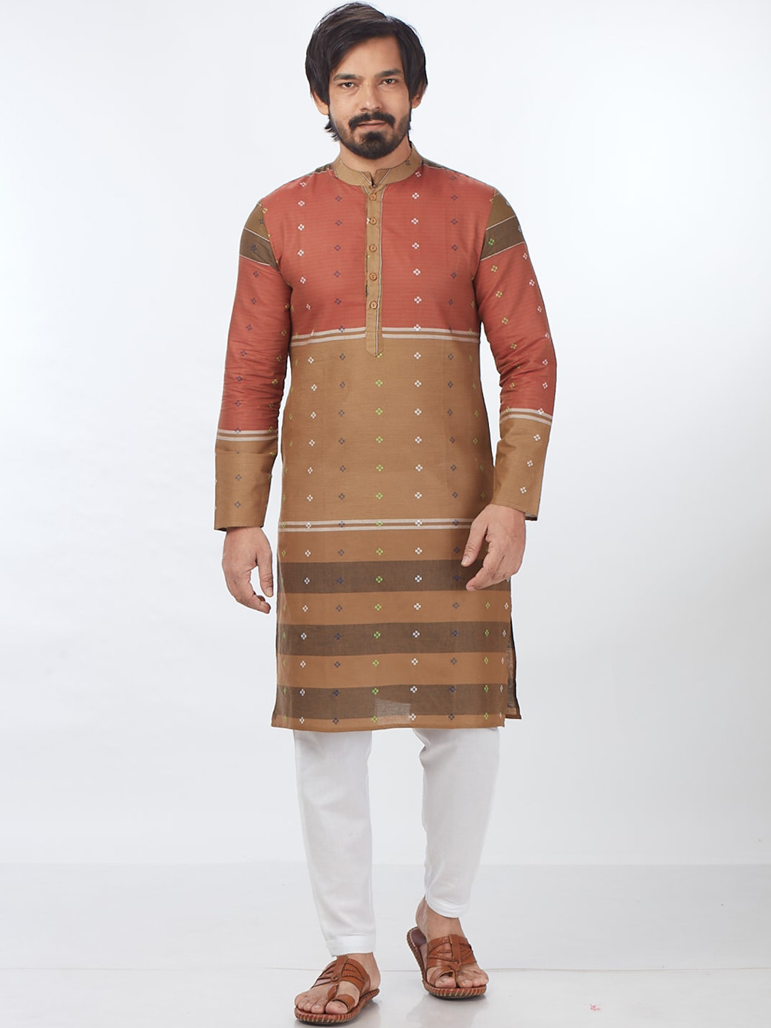 

Blacksmith Ethnic Motif Woven Design Mandarin Collar Jacquard Pure Cotton Kurta, Red