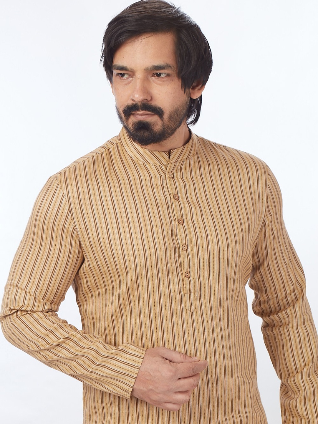 

Blacksmith Striped Woven Design Jacquard Cotton Straight Kurta, Beige