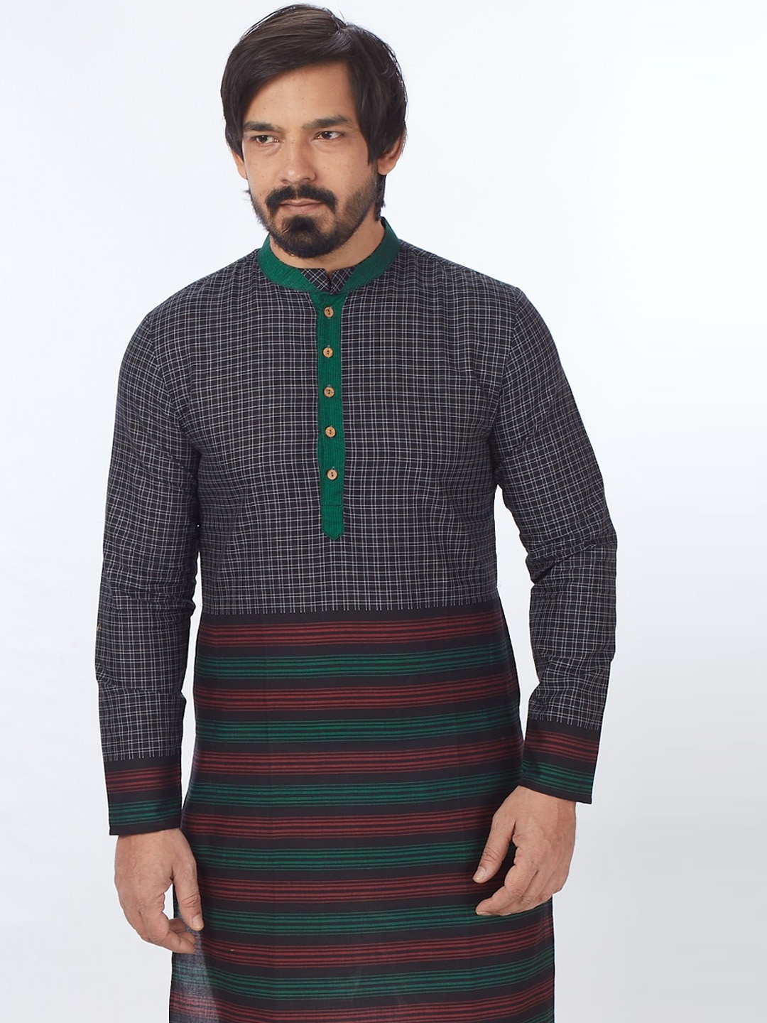 

Blacksmith Striped Mandarin Collar Jacquard Pure Cotton Kurta, Black