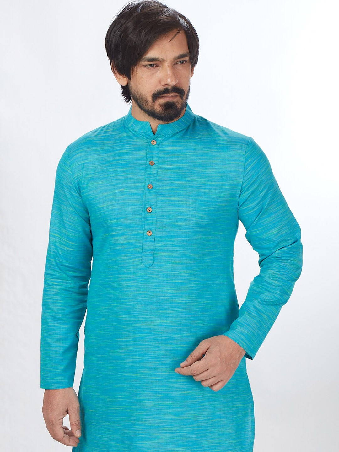 

Blacksmith Mandarin Collar Jacquard Pure Cotton Kurta, Blue