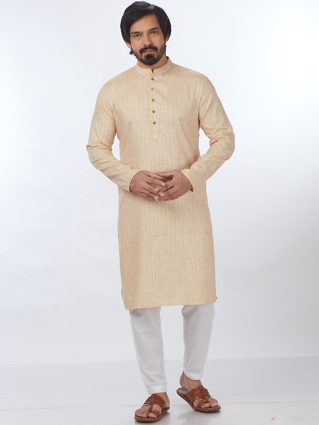 

Blacksmith Striped Woven Design Jacquard Cotton Straight Kurta, Beige