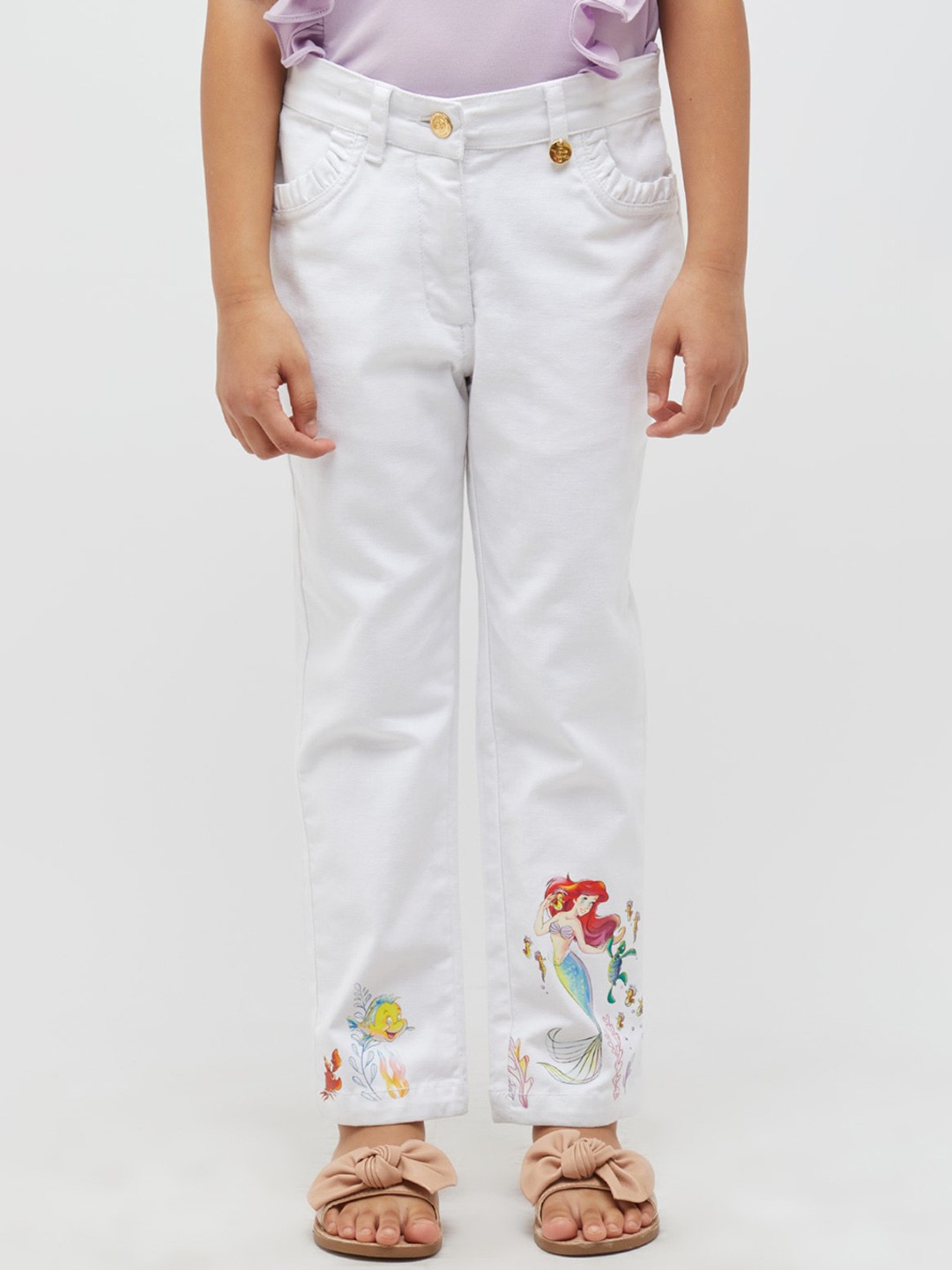 

One Friday Girls Classic Disney Printed Mid-Rise Regular Trousers, Off white