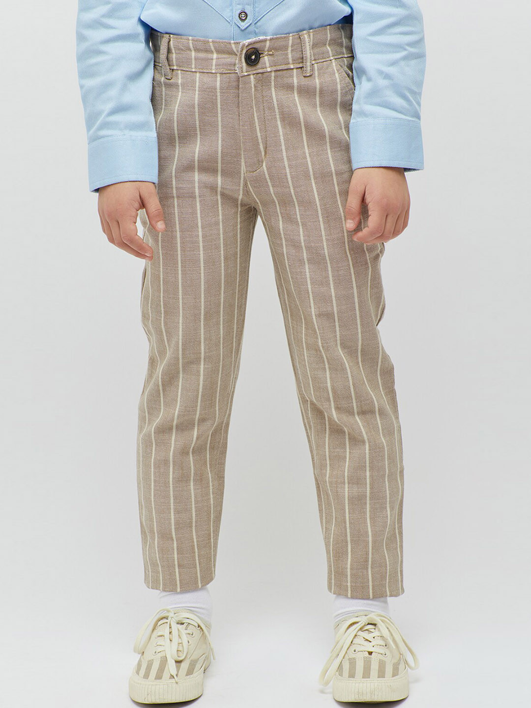 

One Friday Boys Vertical Striped Classic Pure Cotton Trousers, Beige
