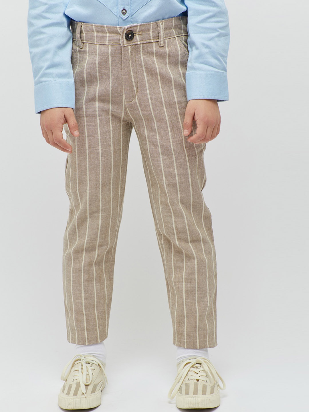 

One Friday Boys Vertical Striped Classic Pure Cotton Trousers, Beige